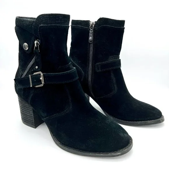 Blondo Waterproof Suede Leather Heeled Moto Booties Chunky Heel Winter Boots 7.5 - Picture 2 of 11